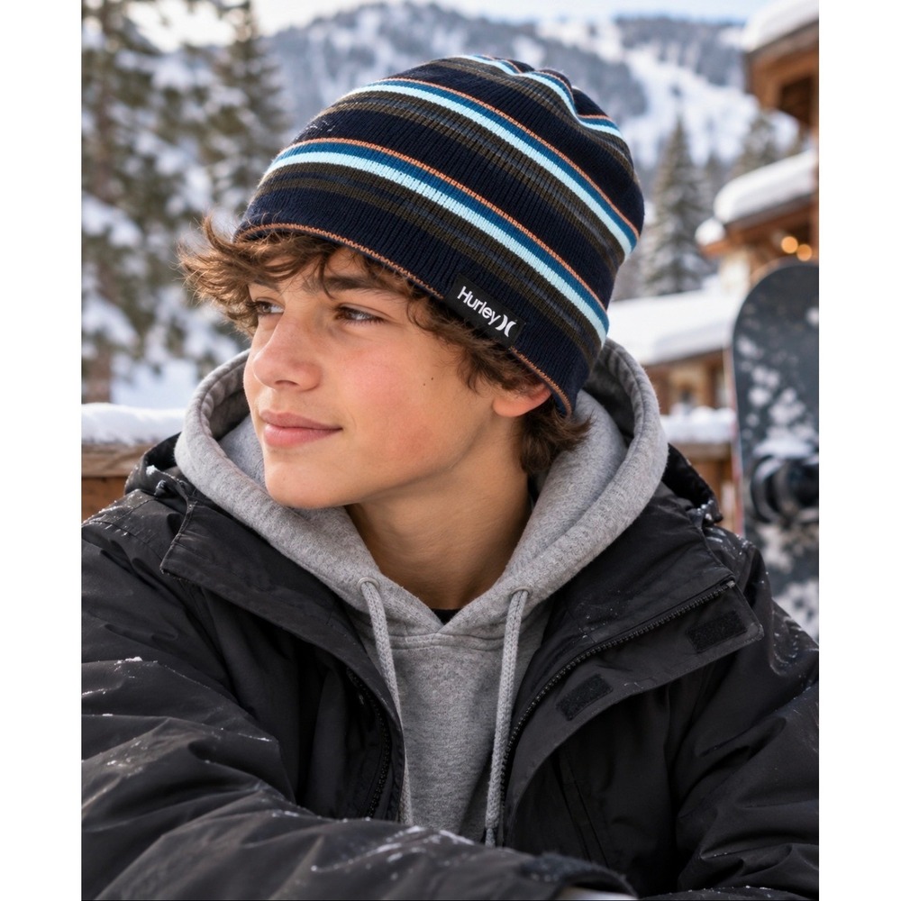 Hurley Youth Striped Beanie Navy Blue Surf Skate Snowboard Slouchy Knit Hat